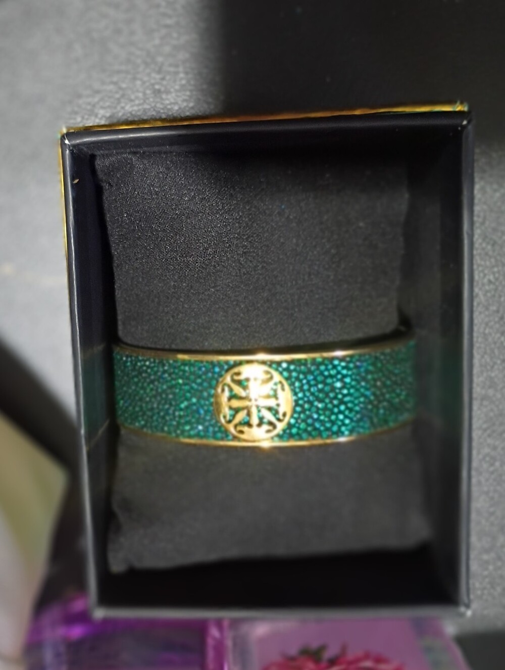 Gold-Trim Green Textured Rustic Cuff Bracelet
